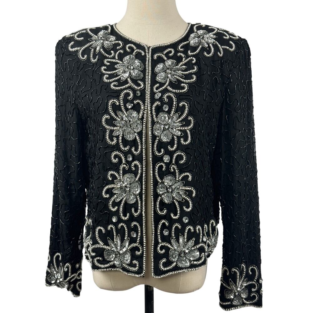 Vintage 80s Nite Line Black Silk Silver Beaded Sequin Jacket Women's Medium